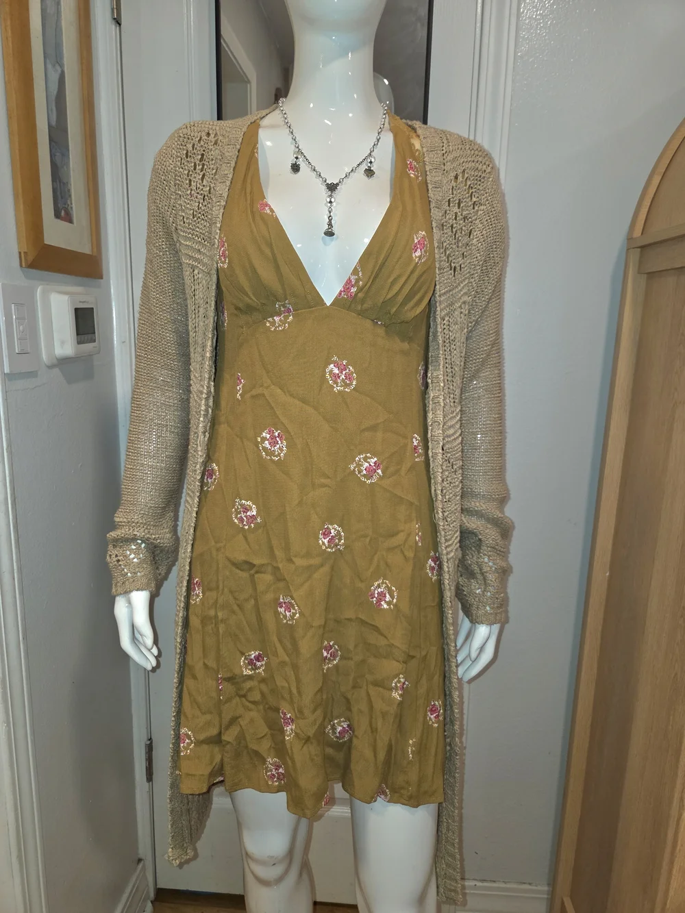 Free People Beautiful Mustard Floral V-Neck Women's Dress Sz 10